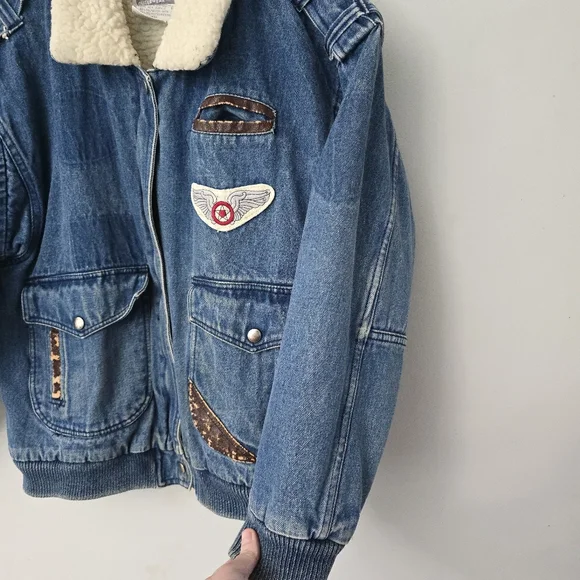 Vtg 90s AKA BAY Puffy Denim Sherpa Lined Mens L Bomber Trucker Jacket Y2K - Picture 9 of 16